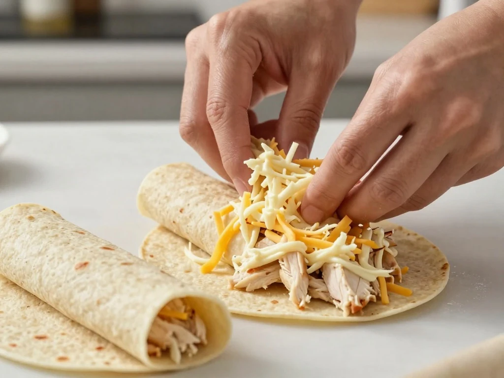 Filling and rolling corn tortillas for homemade chicken taquitos