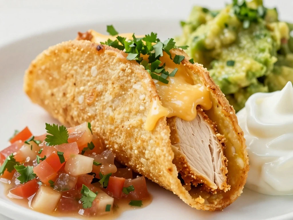 Close-up of creamy chicken taquito with salsa and guacamole