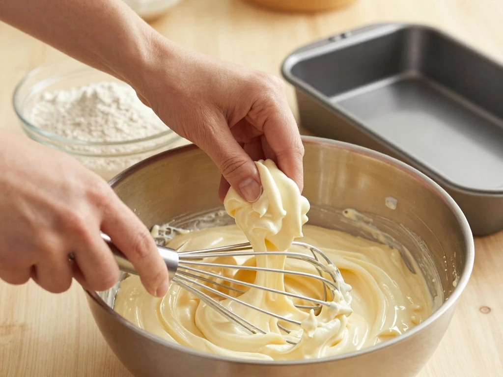 Folding whipped egg whites into tres leches sponge cake batter