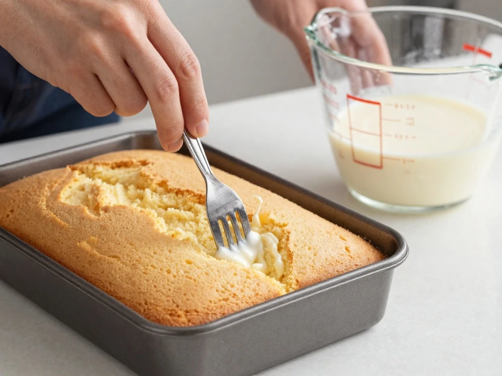 Piercing a cooled sponge cake before pouring on the three-milk soak