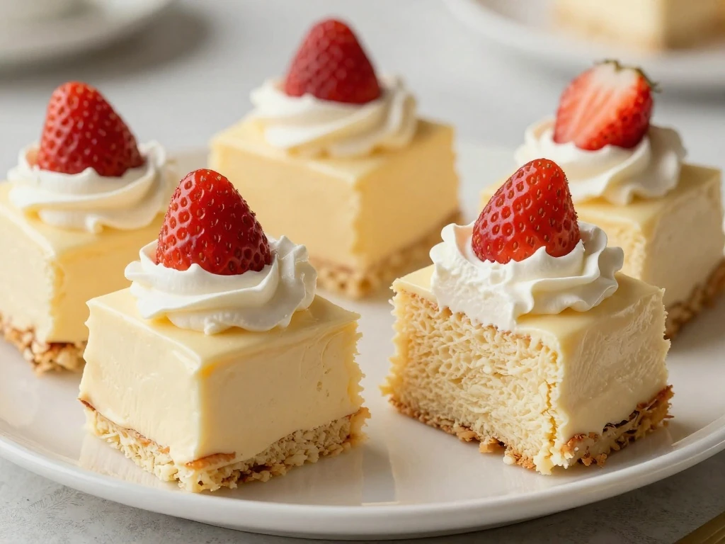 Chilled tres leches cake squares topped with whipped cream and strawberries
