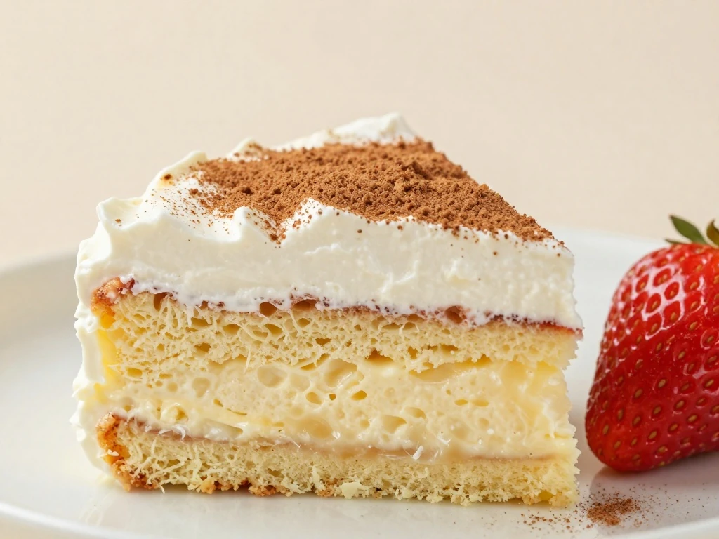 Close-up of a cinnamon-dusted tres leches cake slice with a moist crumb