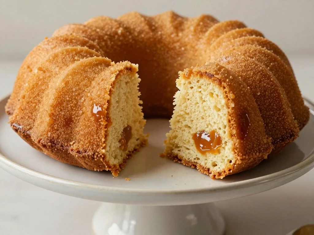 Moist easy toffee Bundt cake with a slice showing the tender crumb