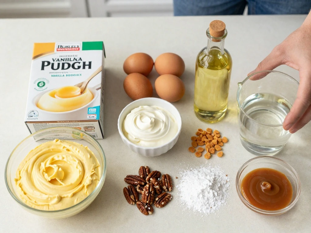 Ingredients for an easy toffee cake recipe arranged on a countertop