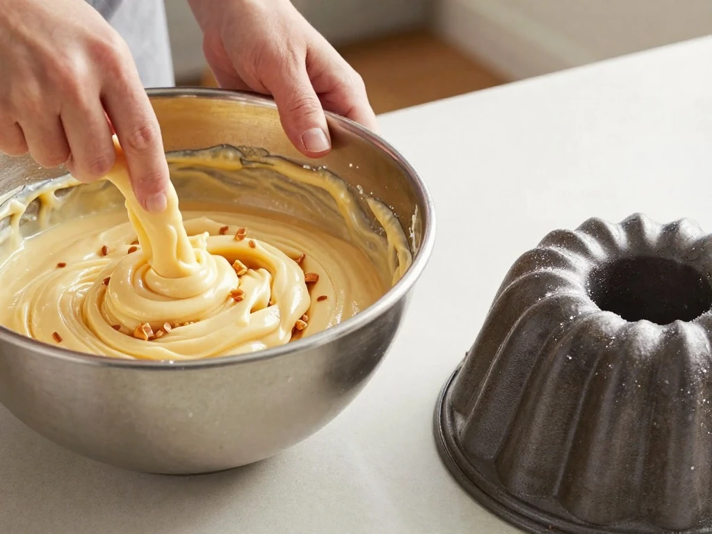 Toffee cake batter being folded with English toffee bits before baking