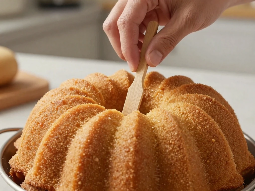 Checking a Bundt cake for doneness with a skewer