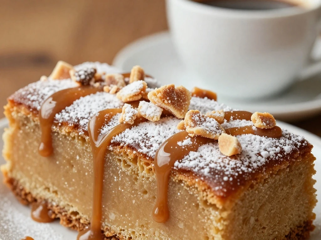 Toffee cake slice with powdered sugar, caramel sauce, and crunchy toffee pieces