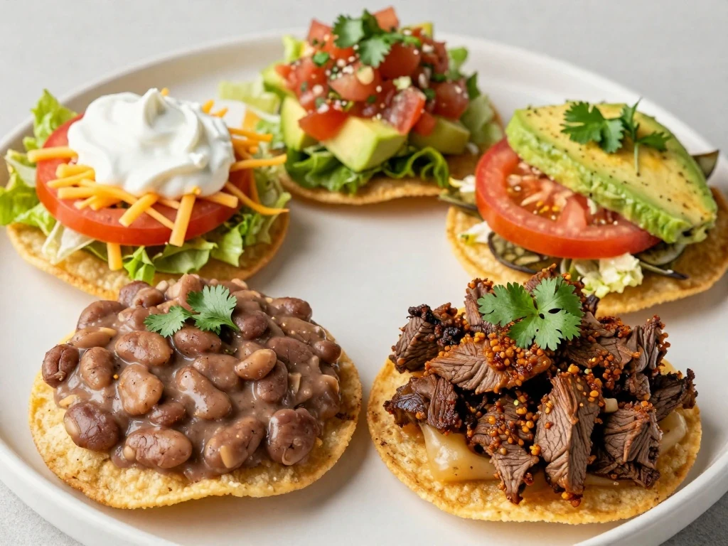 Four colorful stacked tostadas compuestas ready to serve
