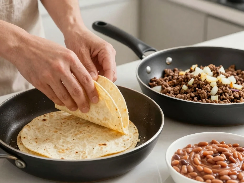 Cooking tostada shells and seasoned beef for tostadas compuestas