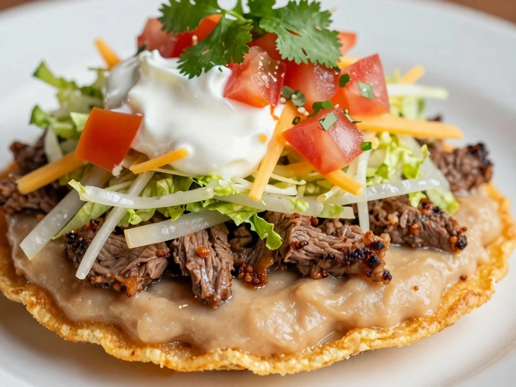Close-up of crisp layers and fresh toppings on a tostada compuesta