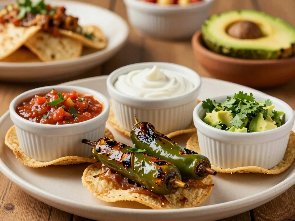 Tostadas compuestas with salsa and roasted green chile serving options