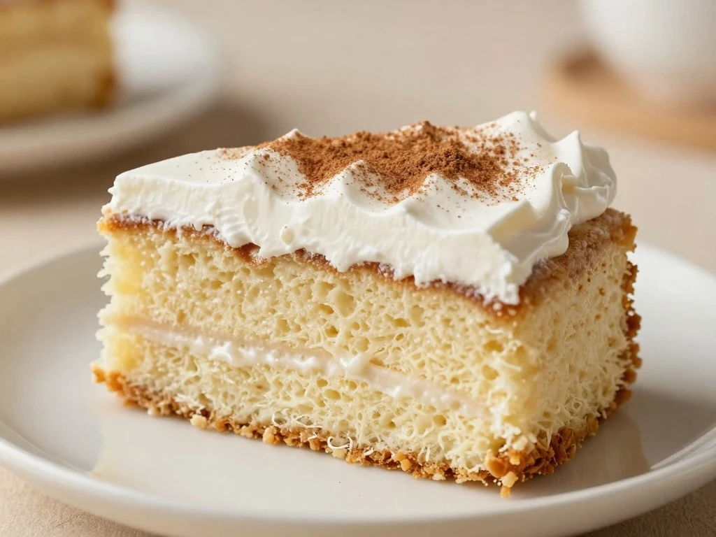 Slice of creamy authentic tres leches cake with whipped cream and cinnamon
