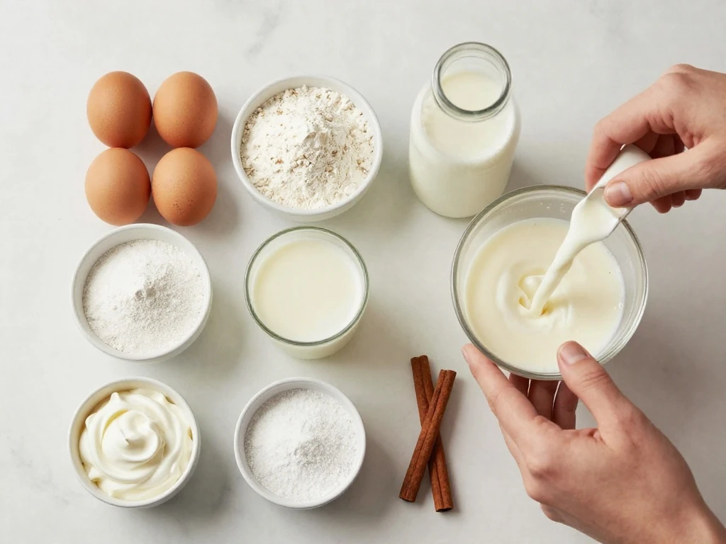 Ingredients for authentic tres leches cake arranged on a kitchen counter