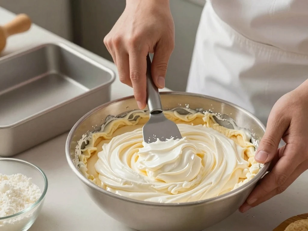 Gently folding whipped egg whites into tres leches cake batter