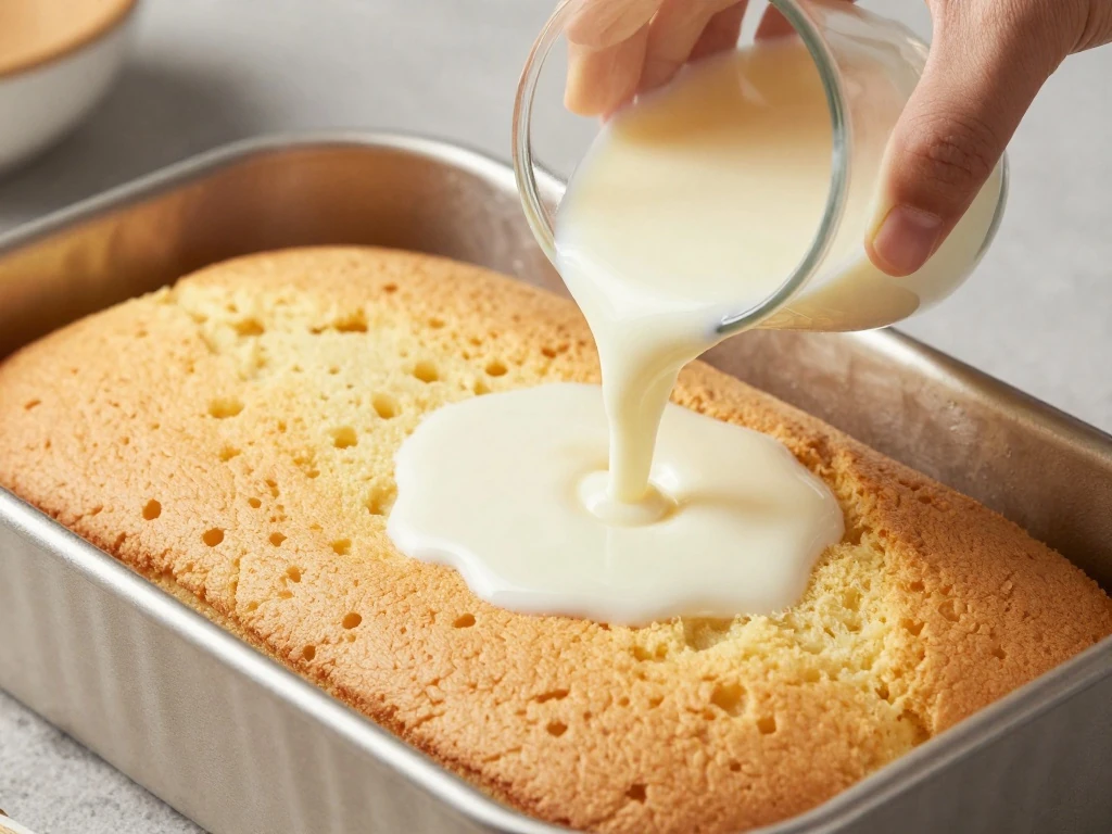 Tres leches sponge being soaked with the three-milk mixture