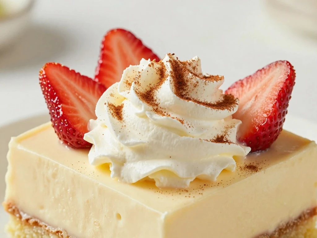 Tres leches cake topped with whipped cream, cinnamon, and strawberries