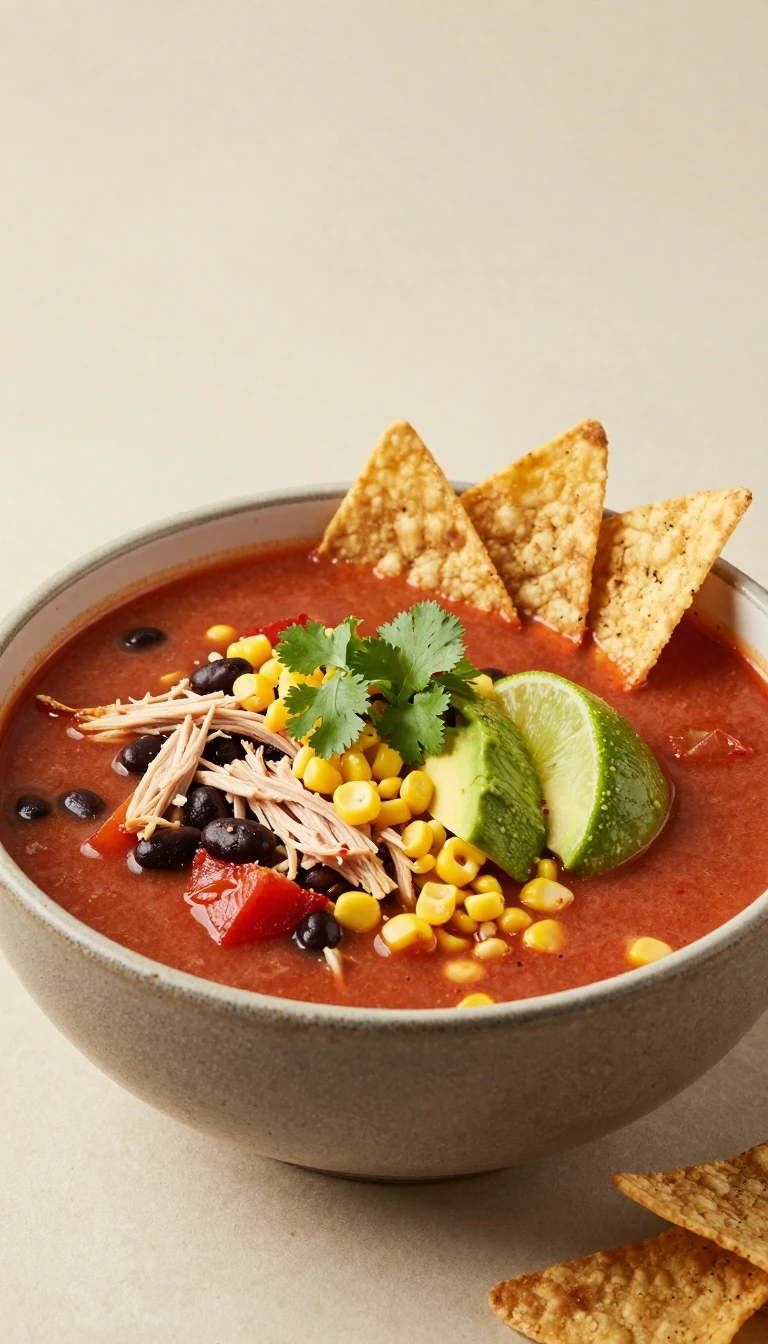 Turkey Tortilla Soup Recipe with Black Beans, Corn, and Crispy Strips