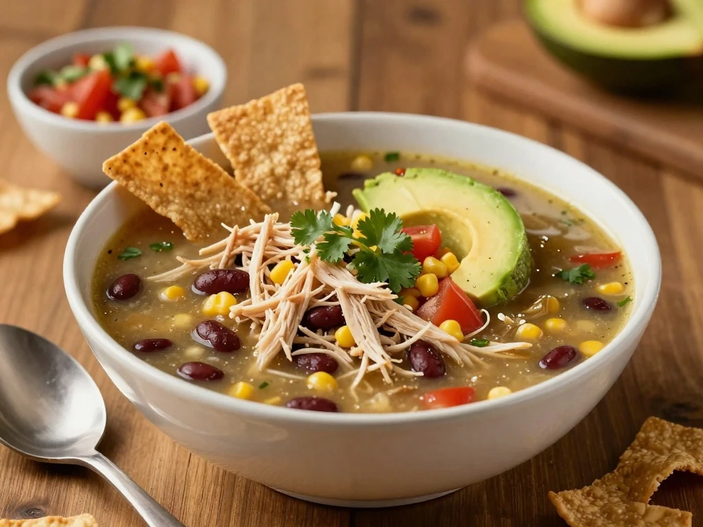 Bowl of homemade turkey tortilla soup surrounded by fresh toppings