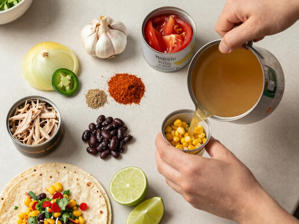 Ingredients for turkey tortilla soup arranged on a kitchen counter