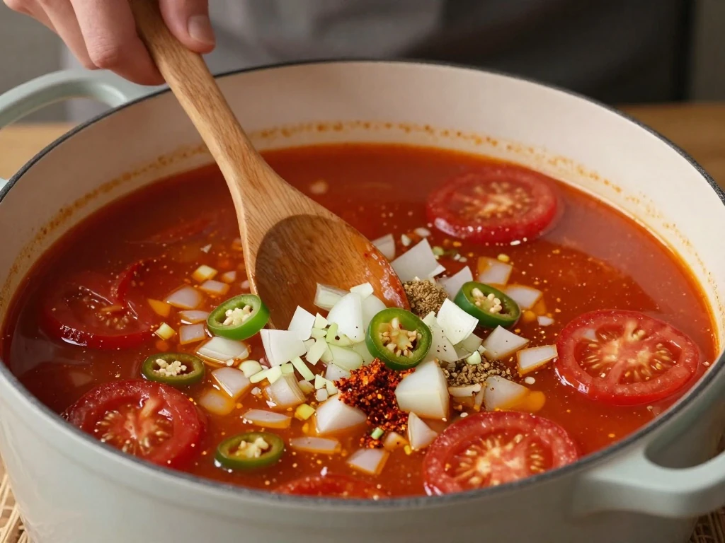 Tomato broth and sautéed aromatics cooking for turkey tortilla soup