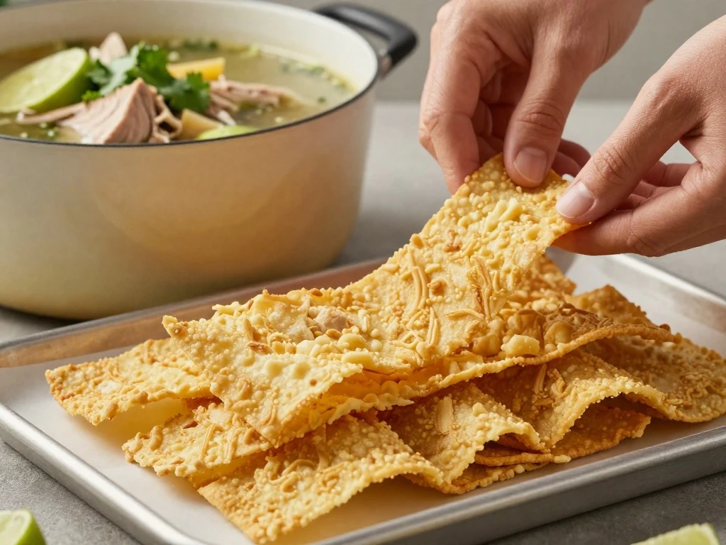 Crispy tortilla strips prepared to top turkey tortilla soup