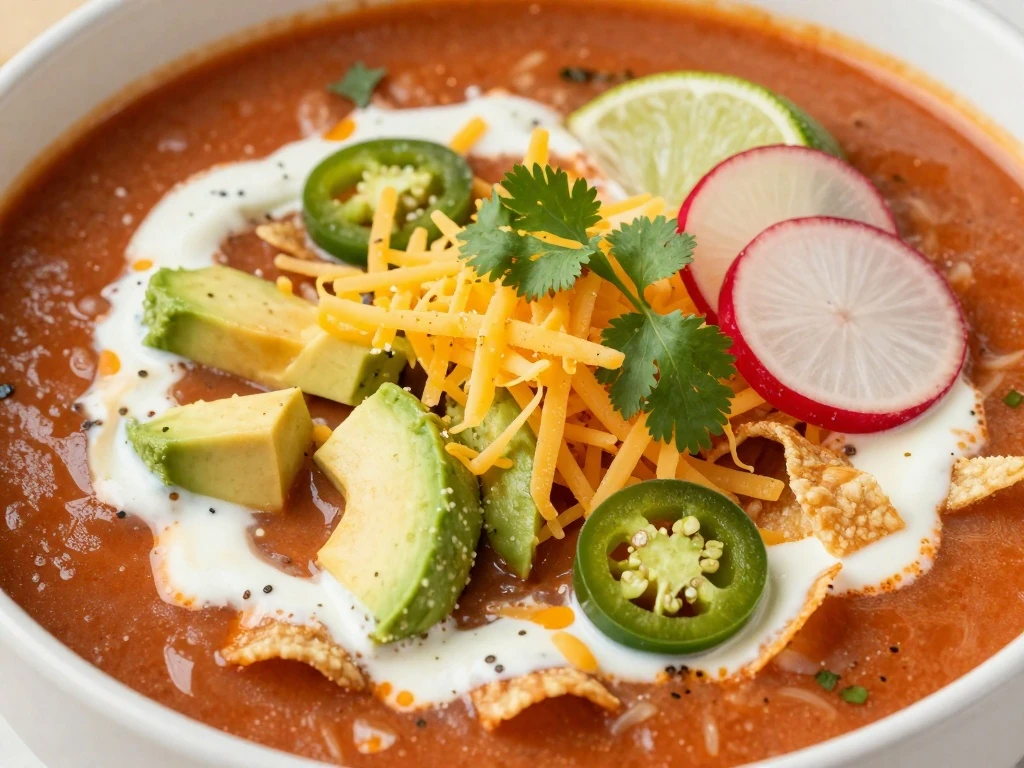 Close-up of garnished turkey tortilla soup with avocado and tortilla strips