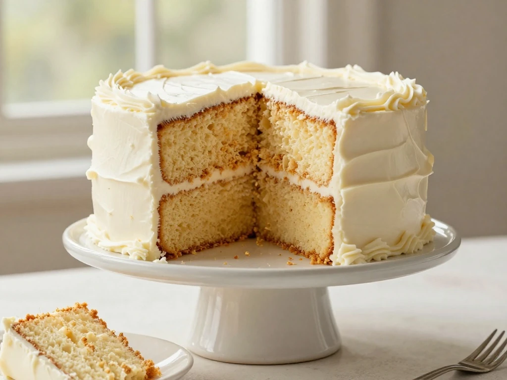 Classic two-layer vanilla cake with a tender golden crumb