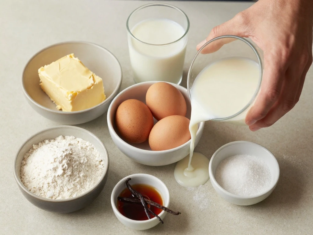 Measured ingredients for a classic vanilla cake