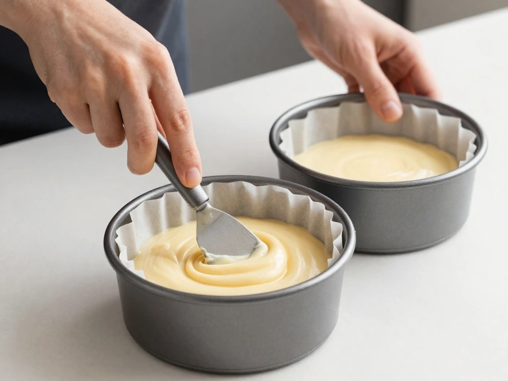 Vanilla cake batter divided between prepared round cake pans
