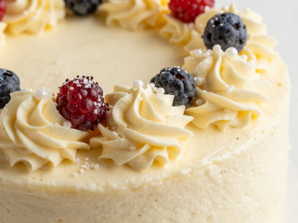 Vanilla cake decorated with buttercream swirls and berries