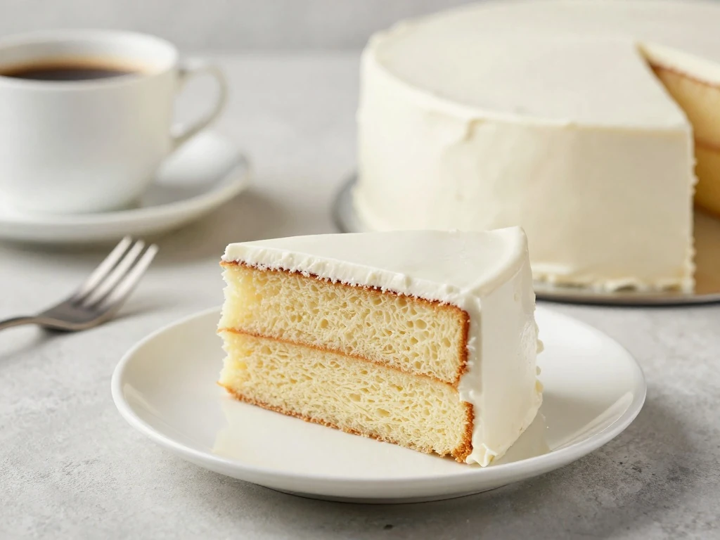 A served slice of classic vanilla cake ready to enjoy