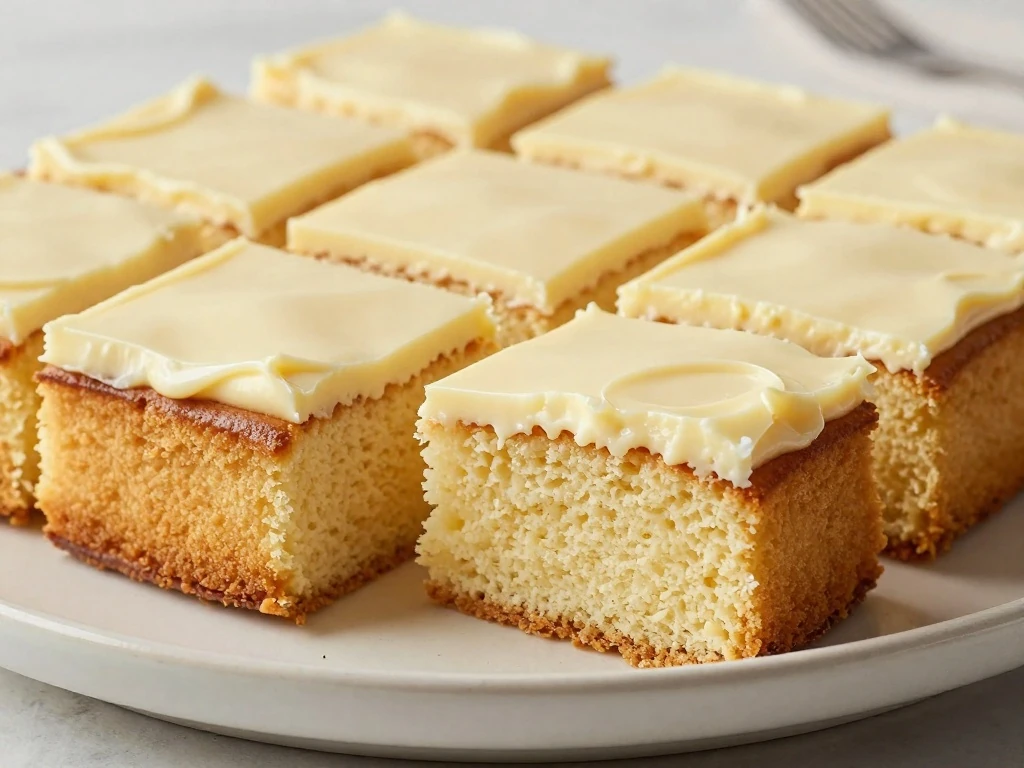 Slices of easy vanilla sheet cake with fluffy buttercream