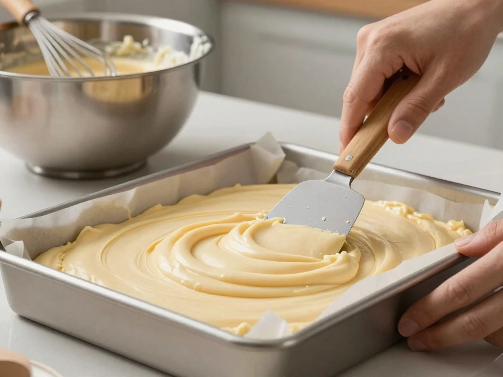 Vanilla cake batter being spread in a baking pan