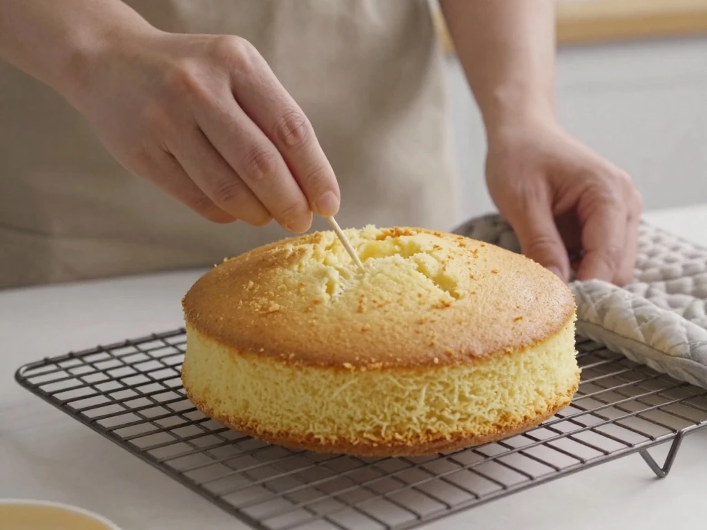 Testing vanilla sheet cake for doneness