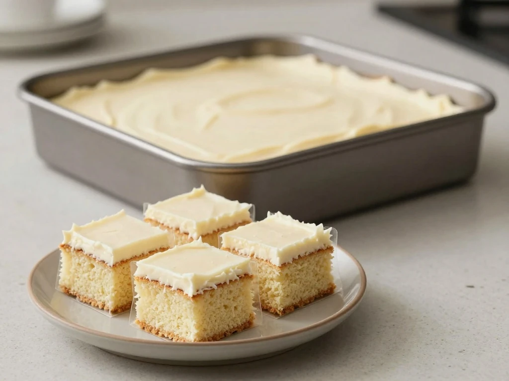 Vanilla sheet cake prepared for storage and serving