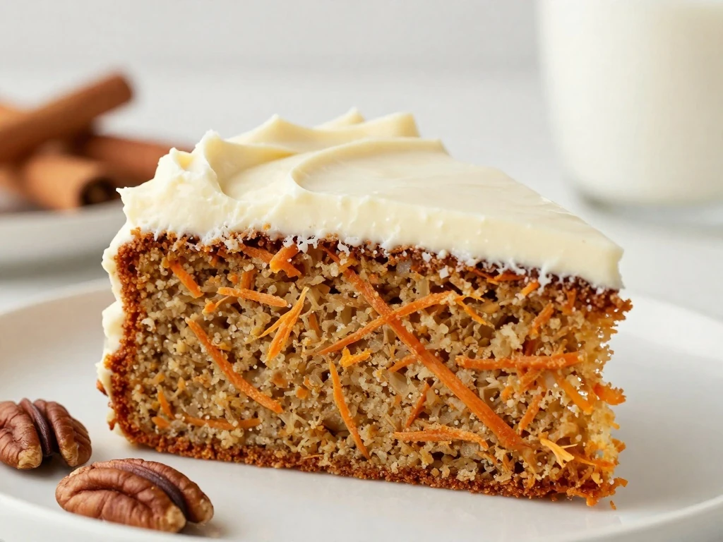 Slice of moist vegan carrot cake with dairy-free cream-cheese frosting