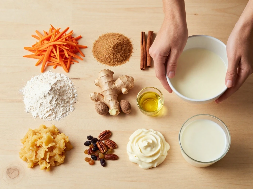 Ingredients for easy vegan carrot cake arranged in a flat lay
