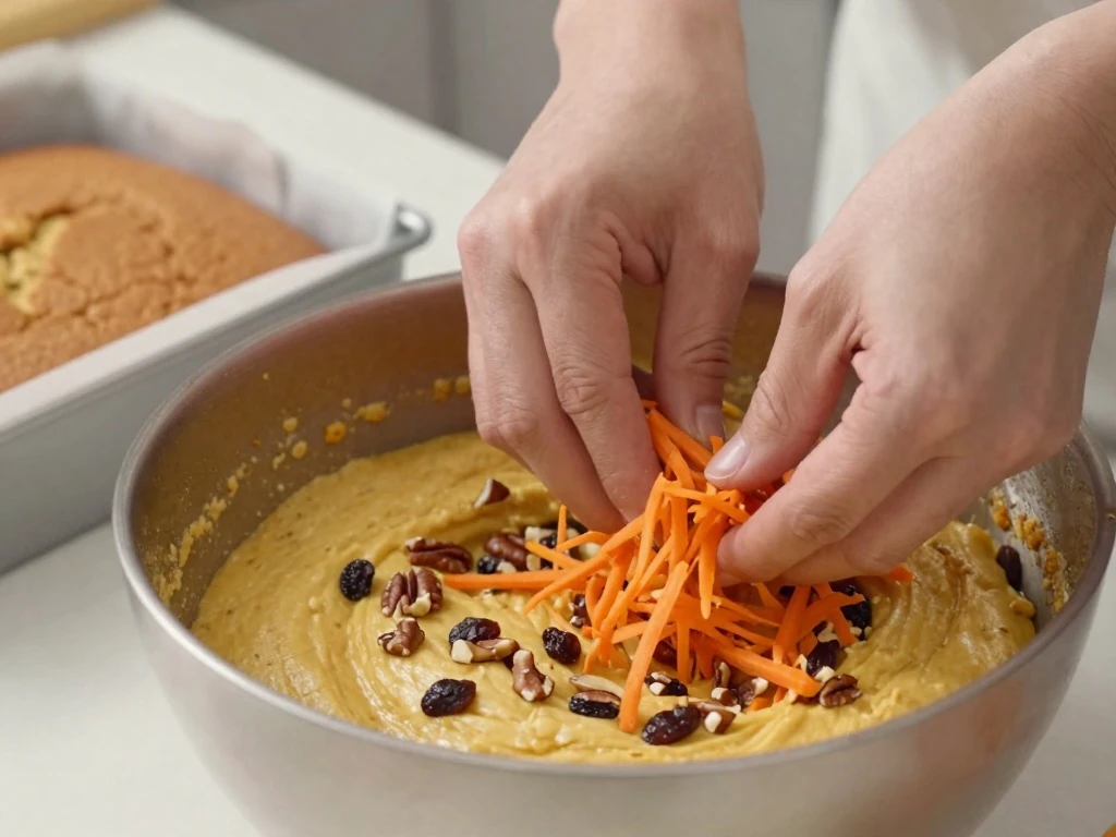 Folding grated carrots and nuts into vegan carrot cake batter