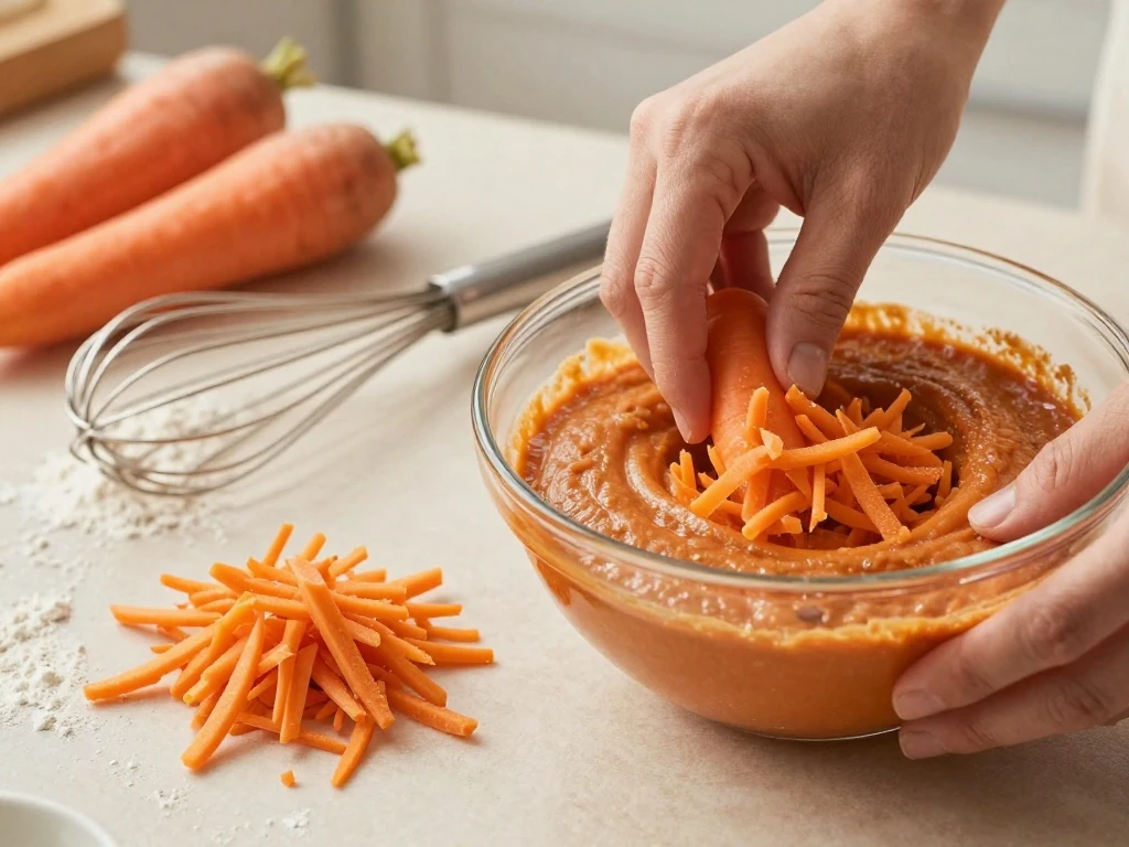 Finely grated carrots and gently mixed vegan carrot cake batter