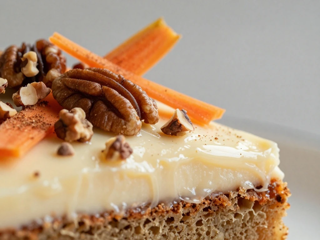 Vegan carrot cake slice decorated with pecans and carrot ribbons