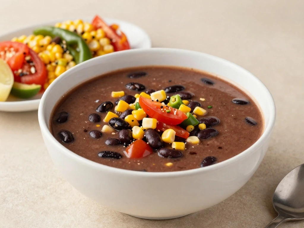 Bowl of hearty vegetarian taco soup with beans, corn, tomatoes, and colorful toppings