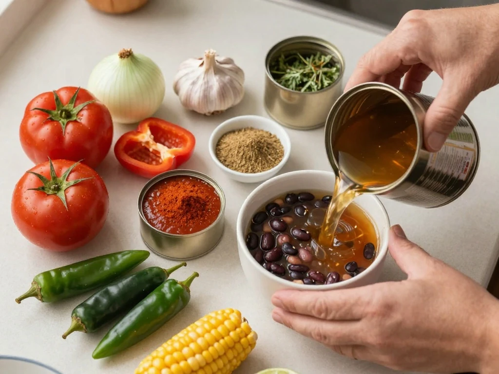 Ingredients for easy vegetarian taco soup arranged in a flat lay