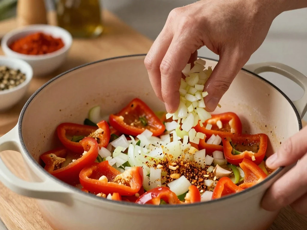 Onion, bell pepper, garlic, and spices cooking in a pot for vegetarian taco soup