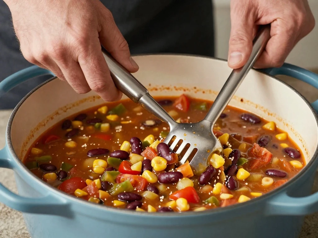 Mashing beans slightly to thicken vegetarian taco soup