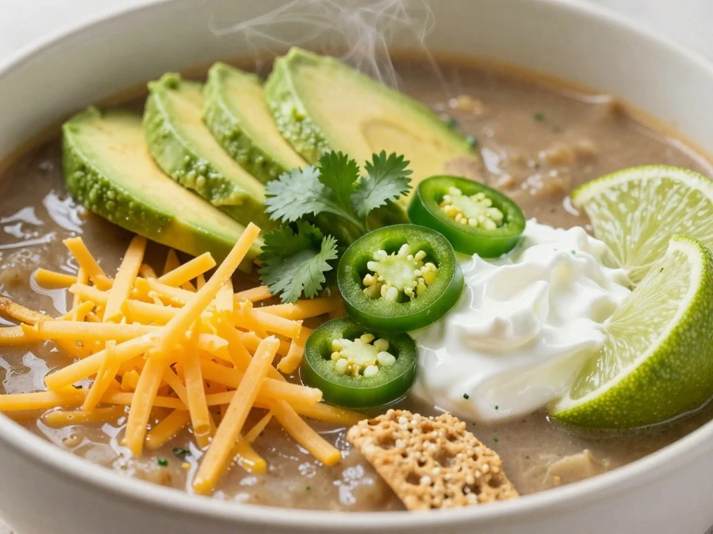 Taco soup garnishes including avocado, cilantro, cheese, jalapeno, tortilla strips, and lime