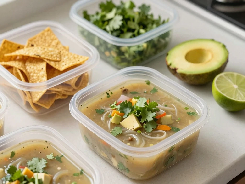 Vegetarian taco soup portioned for storage with toppings kept separately