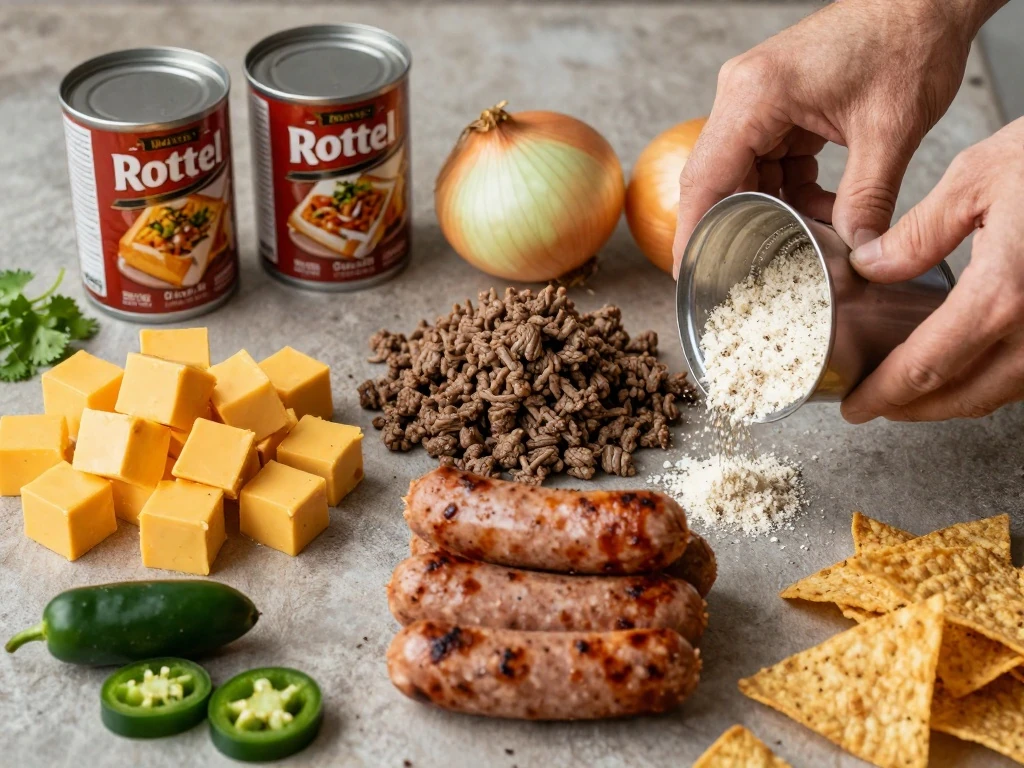 Ingredients for Velveeta Dirty Dip arranged on a counter