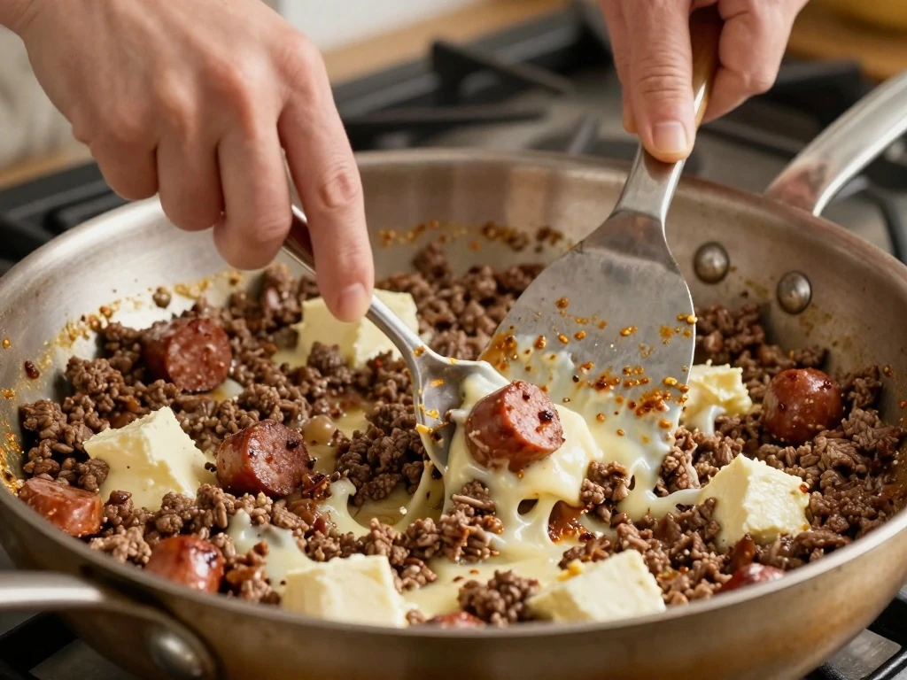 Stirring meat and melting Velveeta for dirty dip