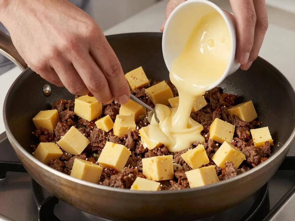 Combining drained meat, Velveeta, and Ro-Tel in a skillet