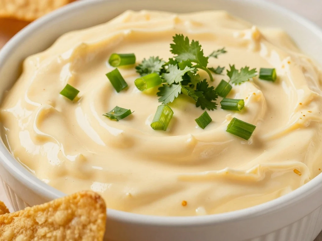 Velveeta Dirty Dip garnished with green onion and cilantro